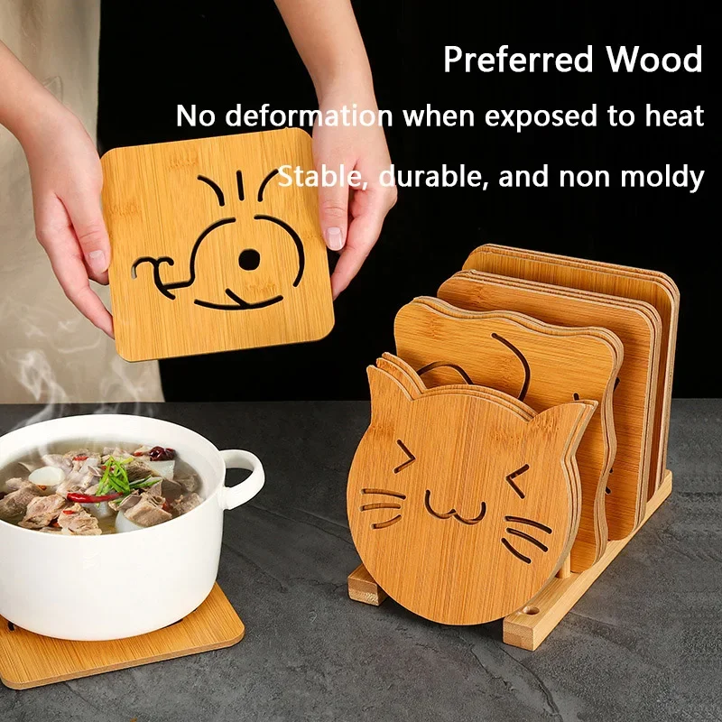 Cartoon Hollow Wooden Coaster Thickened Anti Scalding Heat Insulation Mat for Kitchen Tableware