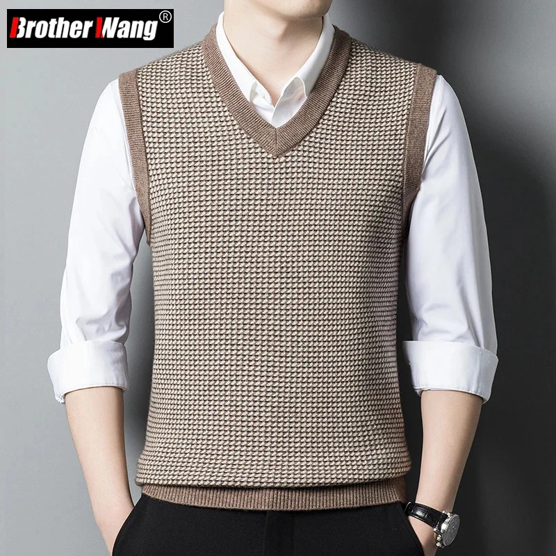 Winter Autumn New Men's Thickened Round Neck Wool Vest Classic Style Business Jacquard Pullover Sleeveless Solid Color