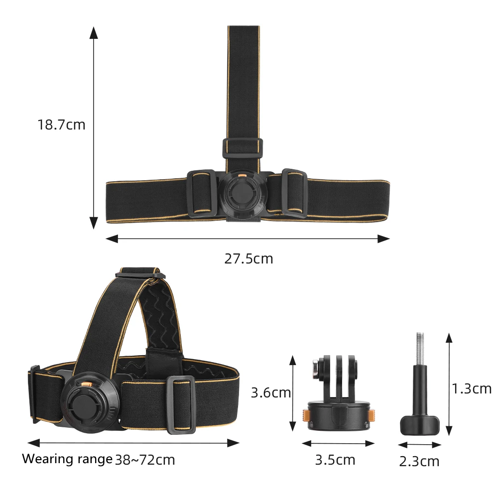 Sangle de fixation pour caméra sportive en gros plan, montrant les boucles de réglage et le support de montage pour casque.