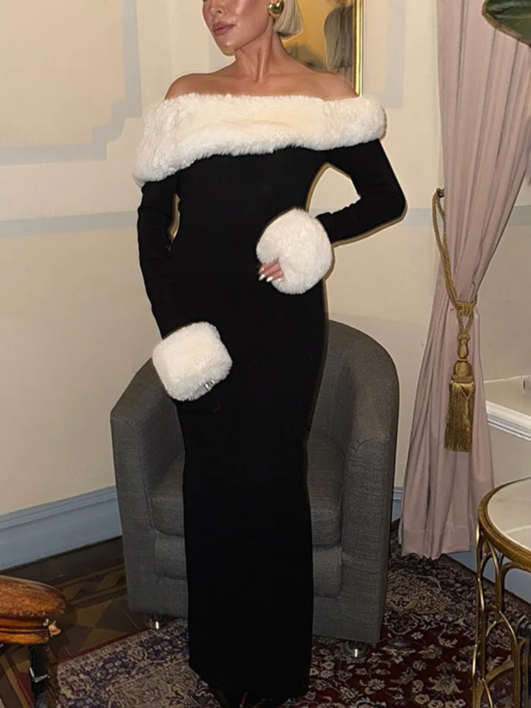 Vestido de manga larga con abertura y empalme de felpa para mujer, sexy, con cuello oblicuo, elegante, para fiesta de invierno.