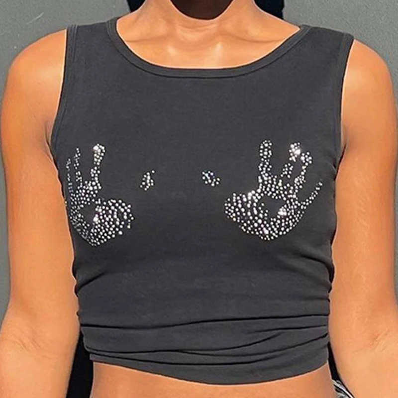 Camiseta sin mangas de verano para mujer, estilo europeo y americano, con cuello redondo y diamantes, sin mangas y abertura en el ombligo, ajustada, estilo Y2K