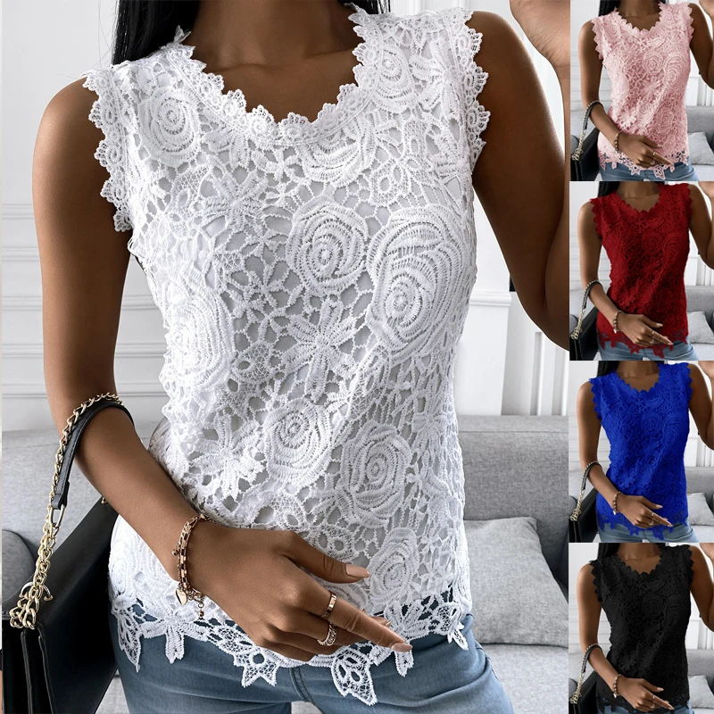 Fashion Lace Jacquard Tank Tops Women Summer Casual Sleeveless Solid T-Shirt Elegant Loose Floral O-neck Camisole |