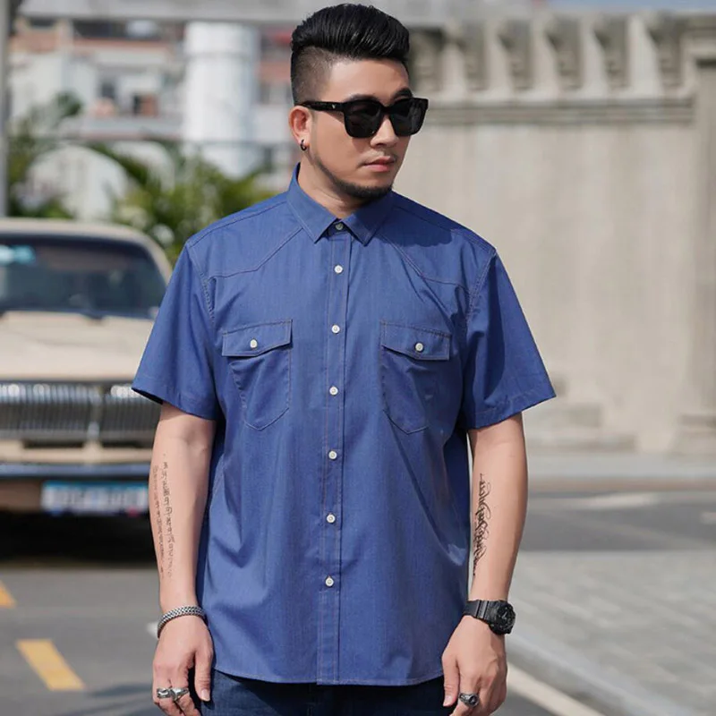 Plus Large Size 13XL 7XL 6XL 4XL Mens Business Casual Short Sleeved Shirt Classic Imitation denim Male Social Dress Shirts Blue 3