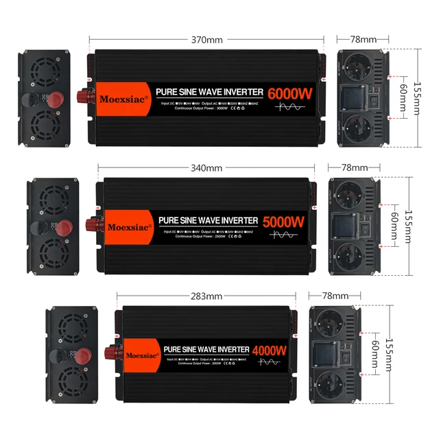 Moexsiac Pure Sine Wave Solar Inverter 4000W 5000W 6000W Double EU Socket DC 12V 24V 48V To AC 220V 50Hz 60Hz Voltage Converters 5