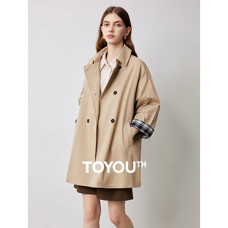 TOYOUTH Women Trench Coat Autumn Long Sleeve Plaid Cuffs Turndown Collar Windbreaker Solid Mid Length Classic Outwear
