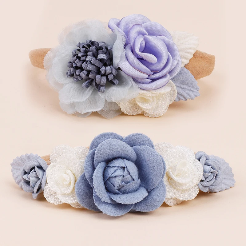 Popular Beautiful Spring Rose Blossoms Pink Purple Green Blue Handmade Nylon Headband for Girls Daily Matching with Party 2pcs 5