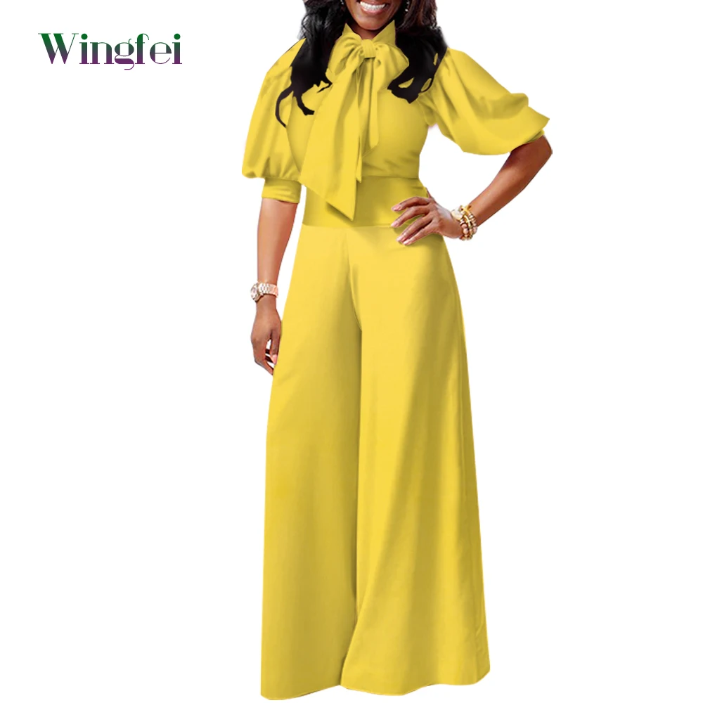 2023 summer new jumpsuit with high waist cut out neck Bow Collar Loose Wide Leg Satin Jumpsuit with Middle Length Latern Sleeve Summer Women Romper Party Vacation Outfit WY2617