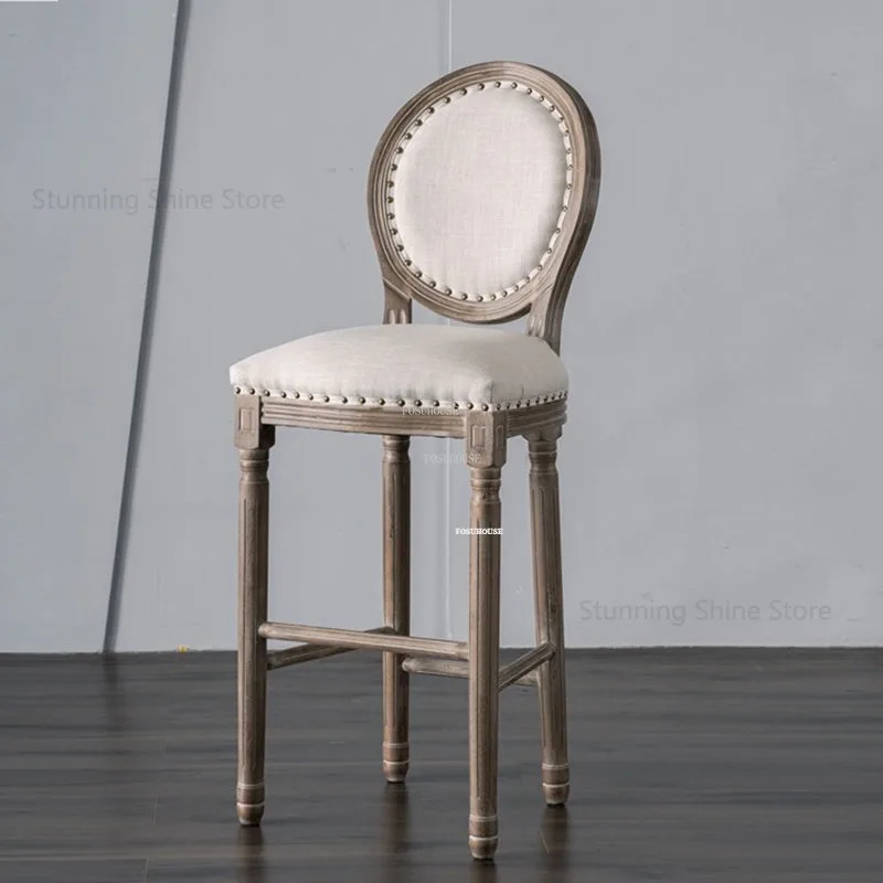 European Antique Bar Stools Home Bar Furniture Solid Wood Chairs American Retro Backrest High Chair Villa Chair for Kitchen