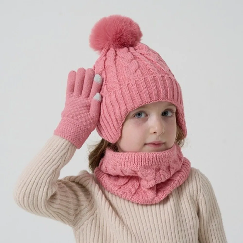 Solid Color Baby Hat Scarf Gloves Set Warm Ears Thickened Toddler Knitted Hats Keep Warm Cute Pompom Hat Set Autumn Winter