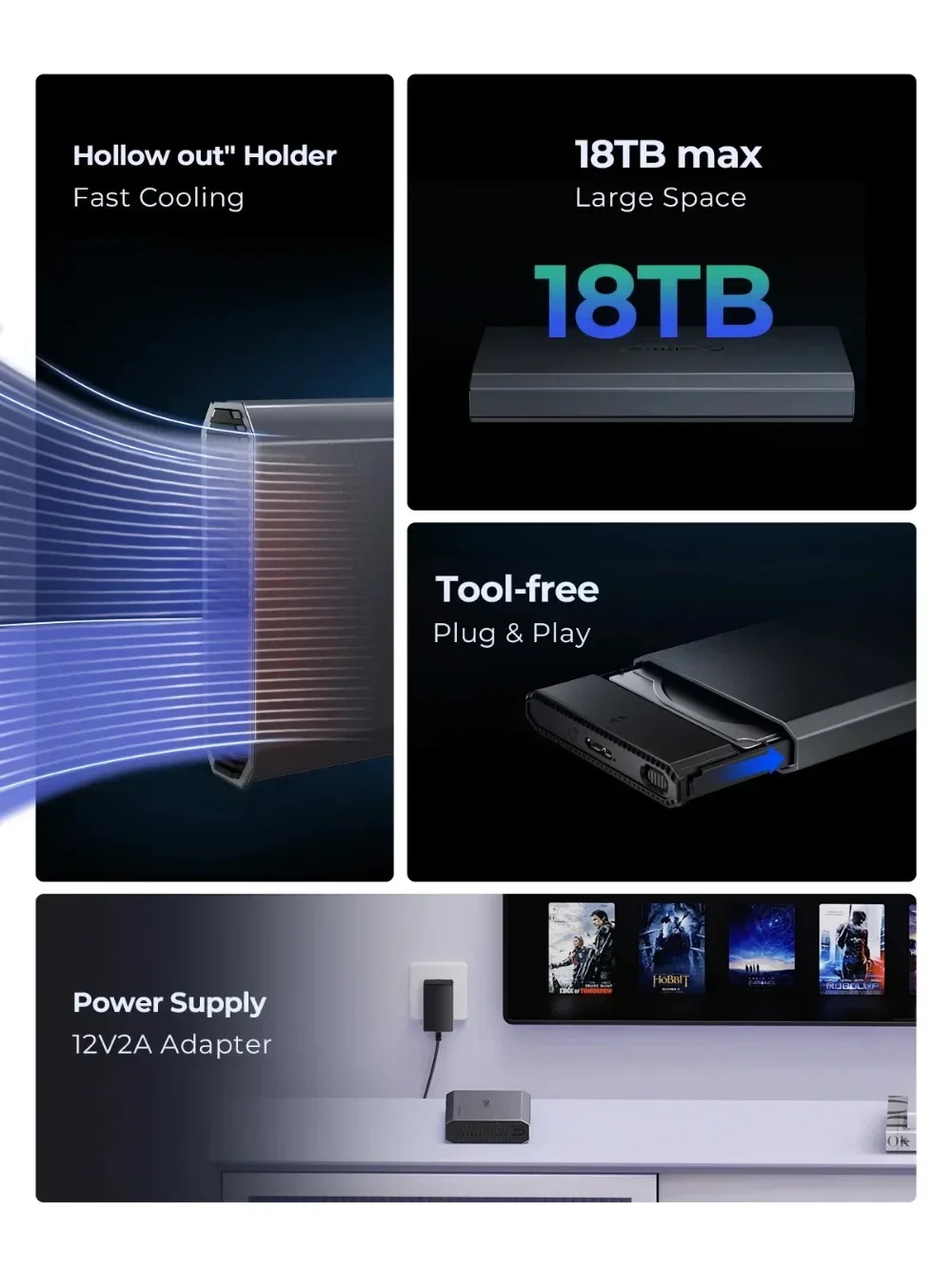 ORICO 2.5 3.5 inch Hard Drive Enclosure 6Gbps Type-C SATA HDD SSD Case External HDD Box Aluminum 12V2A Power Adapter
