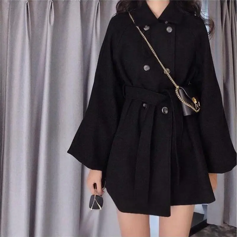

Women's Wool Blended Coat Casual Autumn and Winter Style Black Belt Slim 2021 Double-breasted Lapel Warm Elegant Jacket Women