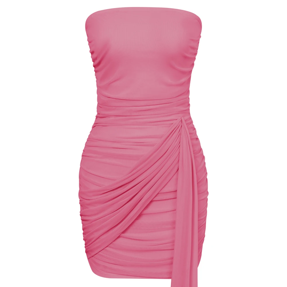 KK Women Ruched Bodycon Dress Casual Strapless Mesh Fabric MiniDress Sexy Off The Shoulder