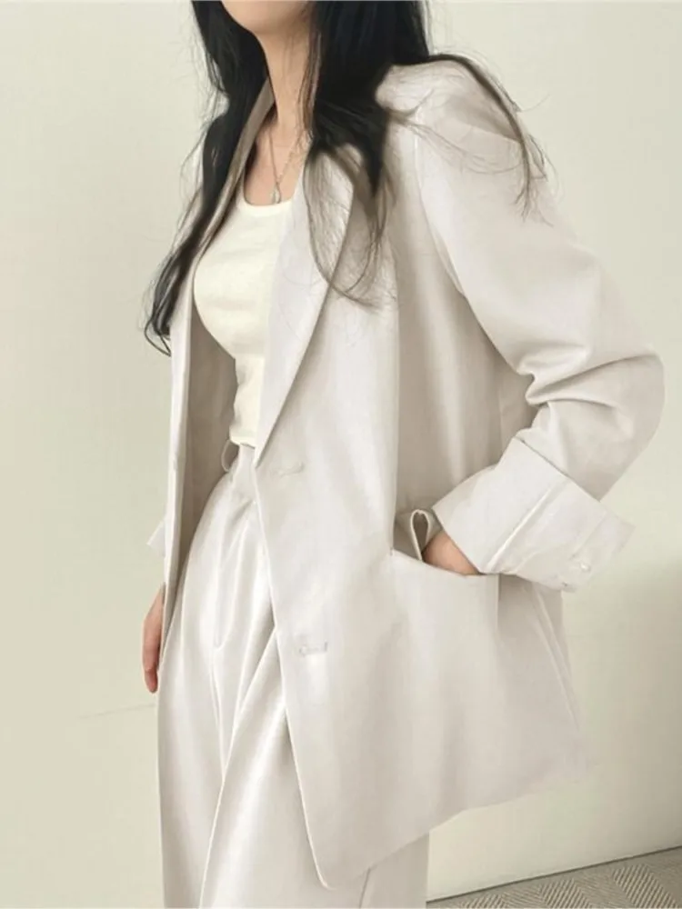 JuneRain Chic Spring Autumn Leisure Lapel Two Grain Of Buckle Jacket + High Waist wide-legged Pants 2 Pieces Suit Khaki Color
