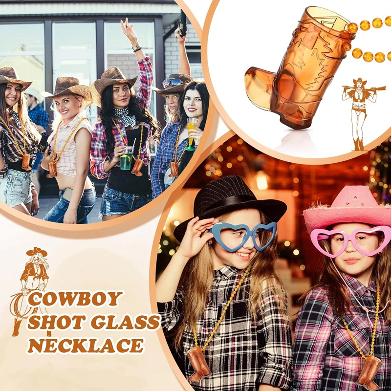 12pcs Cowboy Boot Shot Glasses with Necklace Plastic Cowgirl Shot Cup Wedding Bachelorette Party Supplies Guests Gift Birthday