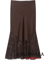 KONDALA Vintage Chic Chocolate Brown Satin Skirts Front Split Lace Midi Skirts Fashion 2025 Evening Club Party Women Long Skirts - Image 4