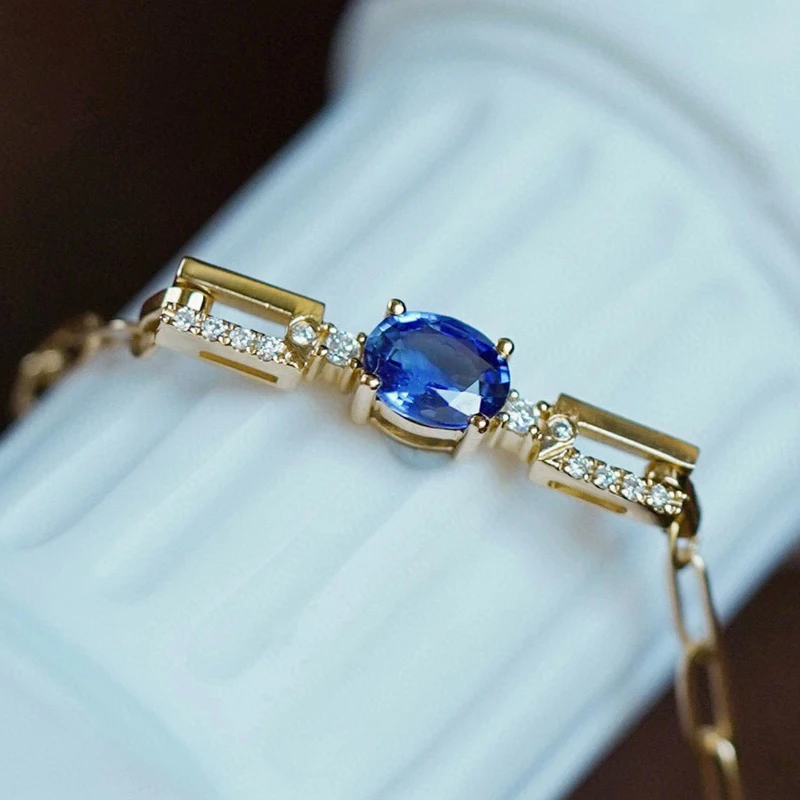 Aazuo Solid 18K Geel Goud Echte Diamanten Natuurlijke Blauwe Saffier Classic Oval Armband Begaafde Voor Vrouwen Verjaardagsfeestje Au750