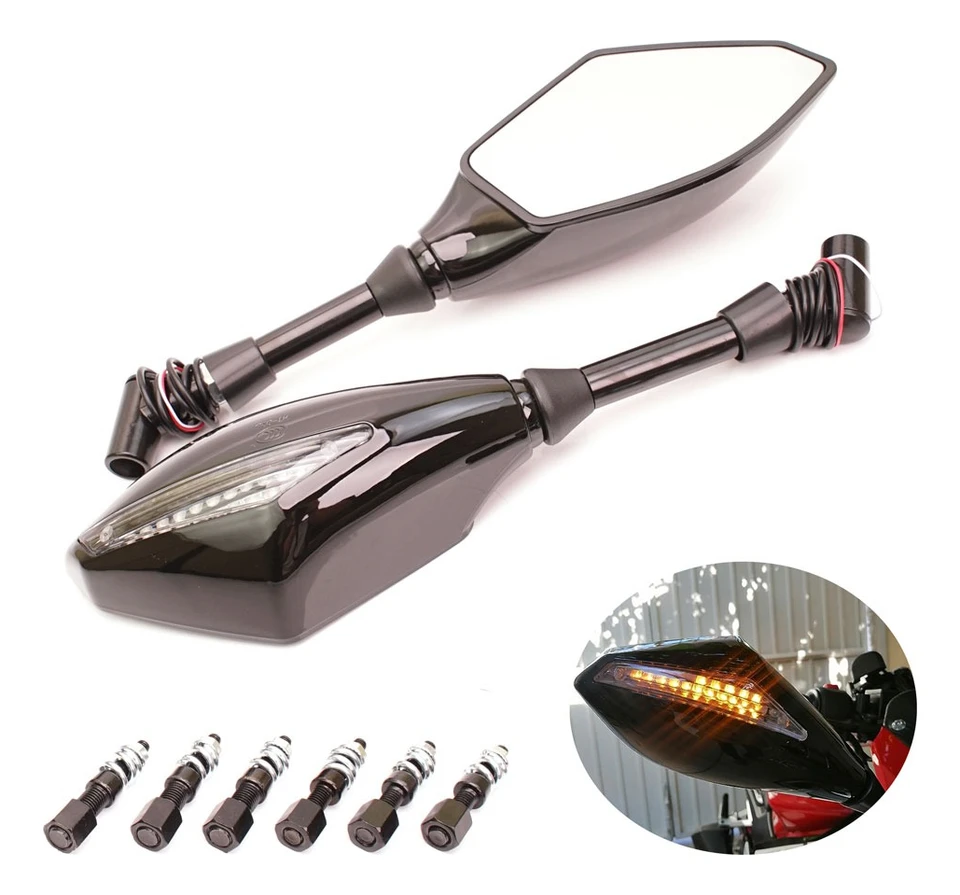 Black LED Turn Signal Rearview Mirrors – Universal For 8mm & 10mm Motorcycles – By KEEPDSGN