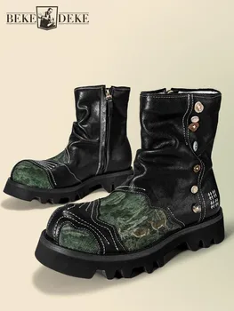 Chinese Style Design Male Handmade Button Decoration Comfortable Cowhide Round Toe Platform Zipper Patchwork Color Chelsea Boots