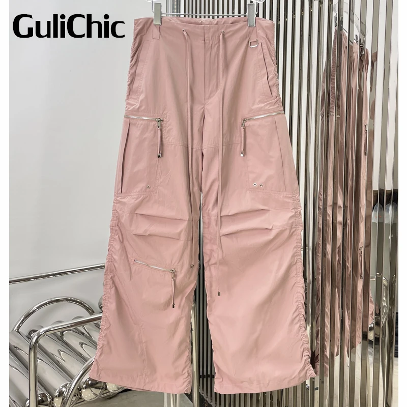 

10.7 GuliChic Women Fashion Loose Pocket Zipper Drawstring Casual Pink Cargo Pants