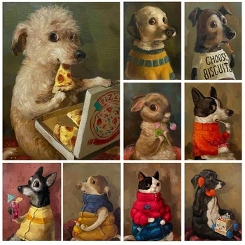 Divertente simpatico cucciolo che mangia pizza animale vintage poster stampa arte retrò soggiorno decorazioni per la casa gattino che mangia biscotti pittura su tela 1