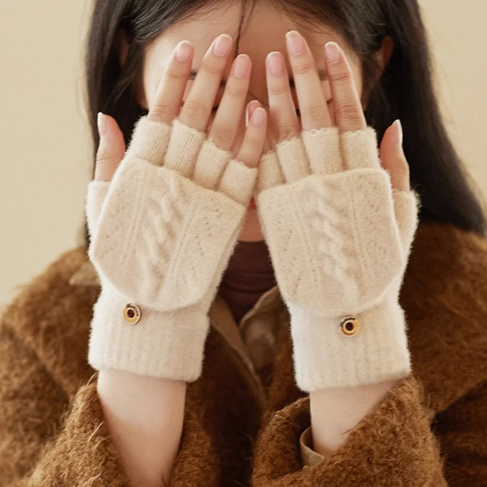 Winter Warm Thickening Wool Gloves Knitted Flip Cover Half Finger