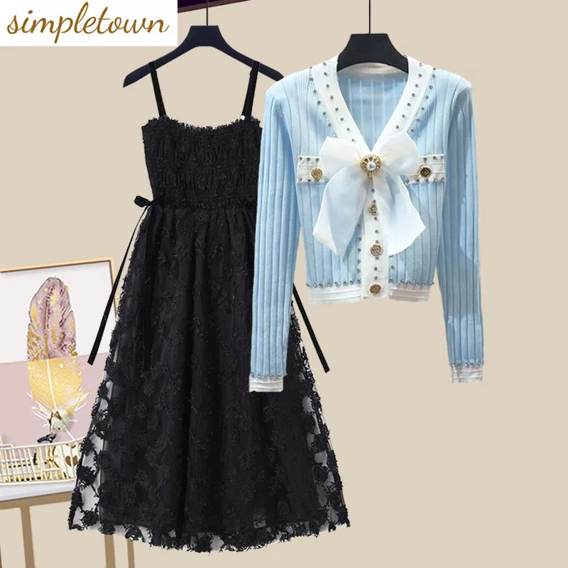 Bow Decorated Knitted Cardigan Sweater with Lace Lace Straps Pleated Dress Two-piece Elegant Women's Pants Set Autumn Outfits women s wear the new dress 2023 dress fashion sexy dress skirt with shoulder straps pleated skirt