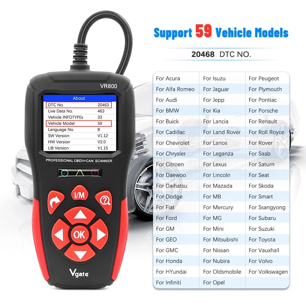 VR800 Vgate OBD2 결함 코드 리더 OBD-II CAN 진단 스캔 도구 검사