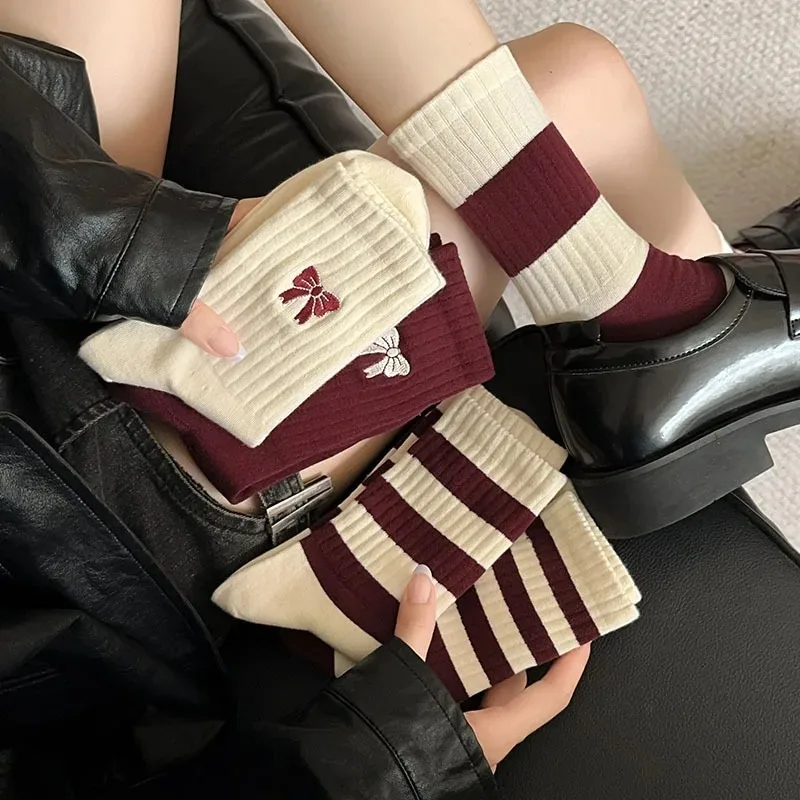 Cherry Color Trendy Striped Mid-Tube Autumn and Winter Women's Socks