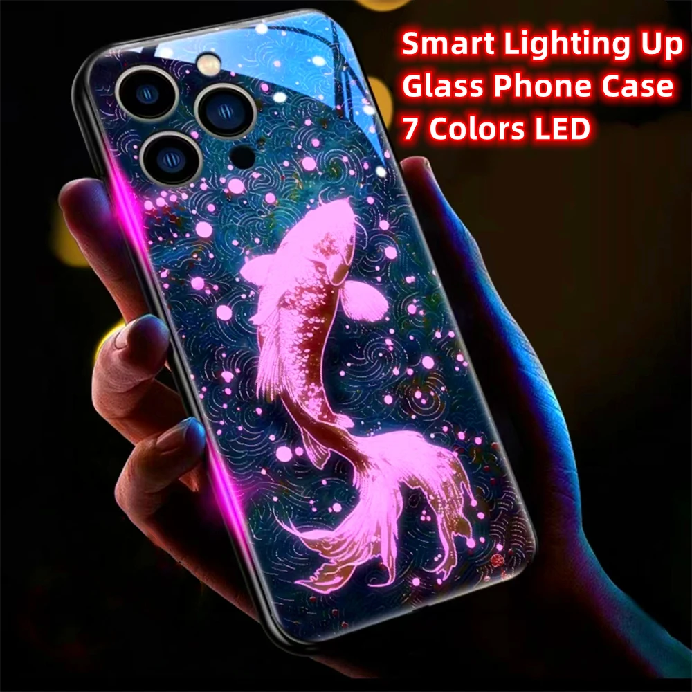 Colorful Lucky Carp Sound Control LED Flash Cases Luminous Glass Cover For iPhone 15 14 13 12 11 Pro Max X XR XS Plus SE2020