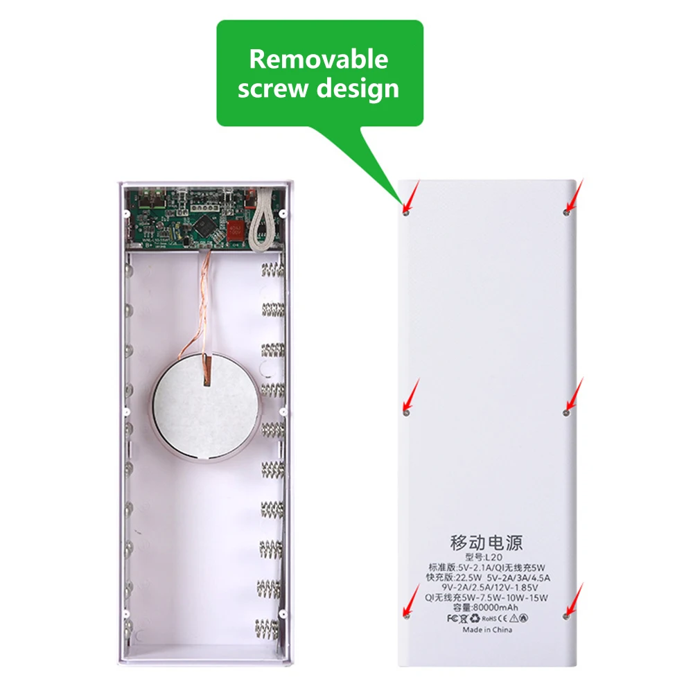 Battery Power Bank Box DIY Detachable 20 Sections 18650 Battery Power Bank Case Fast Charging 22.5W +15W Wireless Charge Storage Box QC4.0 PD3.0