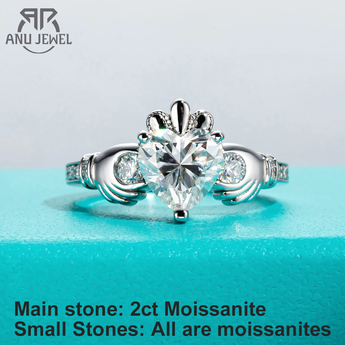 AnuJewel 2ct Heart Shape Moissanite Claddagh Irish Rings Celtic