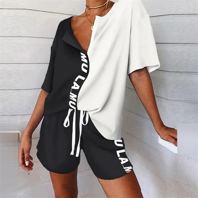 Letter Print ColorBlock Tracksuit Women Two Piece Set Summer Clothes V Neck Pullover Top and Shorts Suits Casual Loose Outfits midi skirt co ord