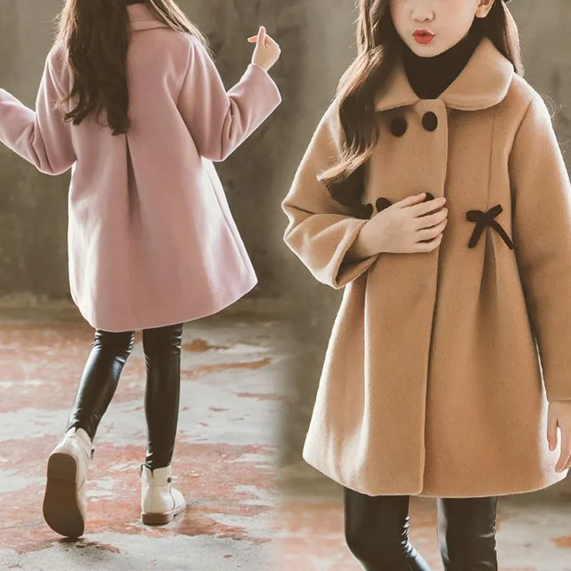 Korean Casual Autumn Winter Girls Turn-down Collar Button Spliced Bow Shirring Fashion Sweet Long Sleeve Loose Coats