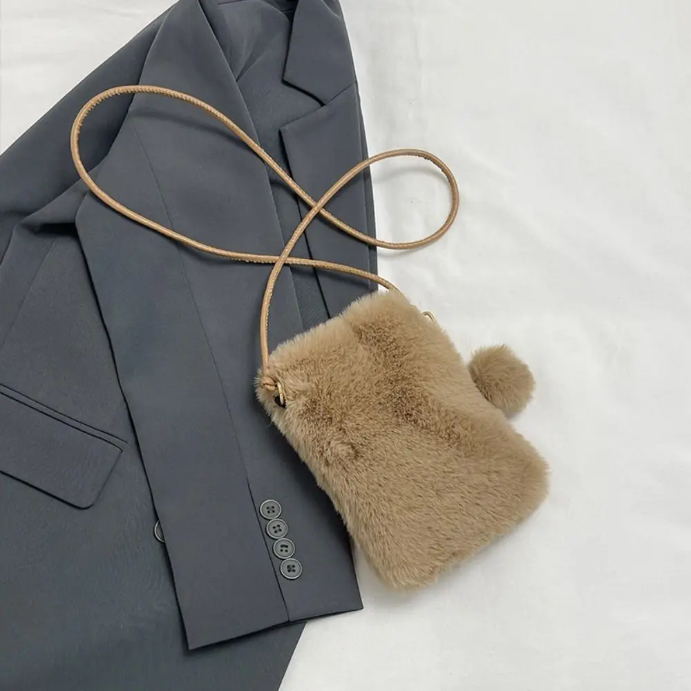 Fashion  Shoulder Bag Soft Solid Color Faux Fur Crossbody Phone Bag Women Girls Winter Travel Purse Nice Gift