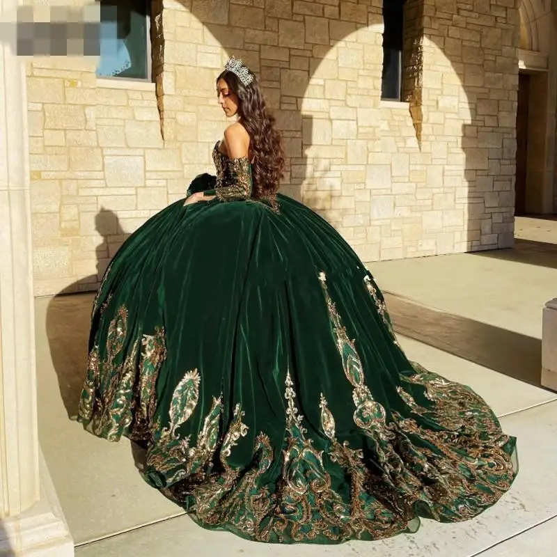 Mexican Girls Quince emerald Green Quinceanera Dresses Applique lace-up corset Sweet 16 Pageant Gowns Velvet Vestidos de XV a&ntilde;os