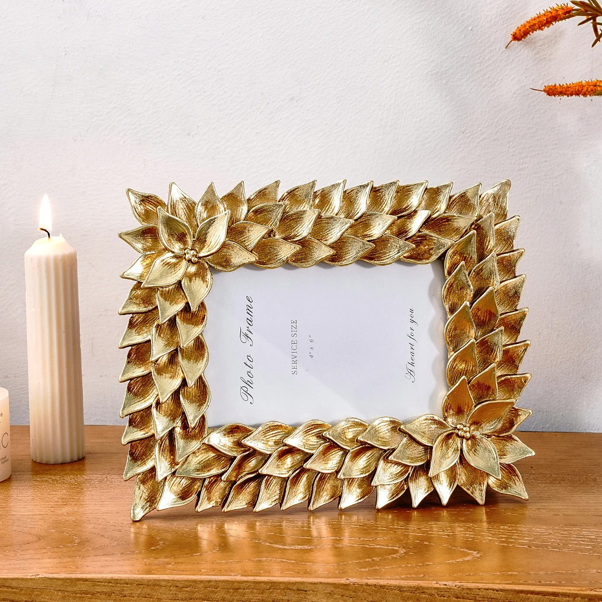 1PC, European retro style golden orchid lace photo frame, antique resin material photo decorative frame