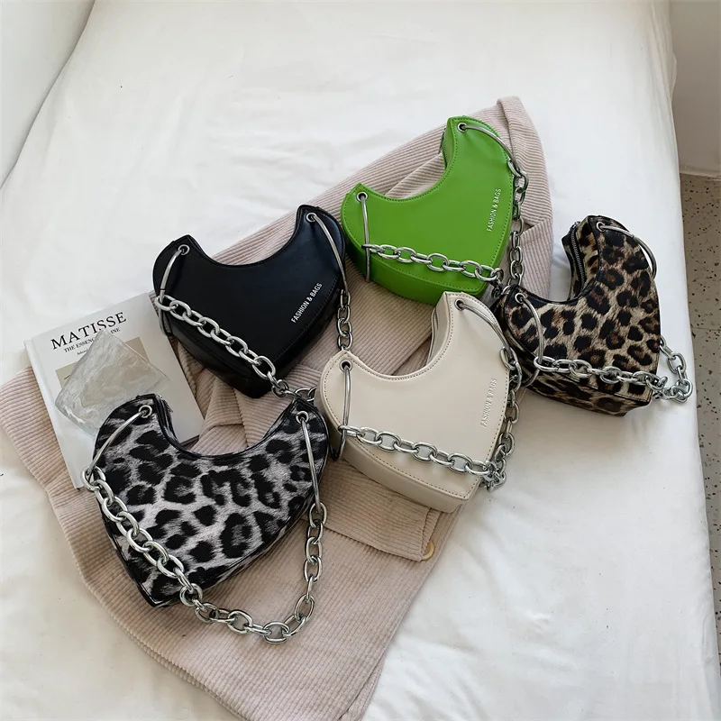 Explosive Style Leopard Print Niche Cool Trendy Bag Peach Heart-shaped Irregular Chain Armpit Bag Women Shoulder Bag   Handbags