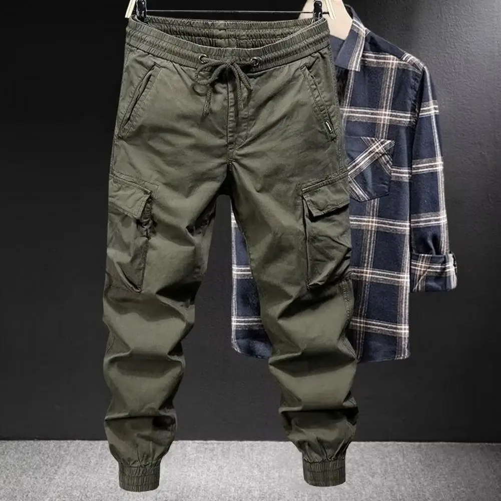 

Elastic Waistband Trousers Men's Drawstring Cargo Pants with Elastic Waist Multi Pockets Ankle-banded Design for Daily Sports