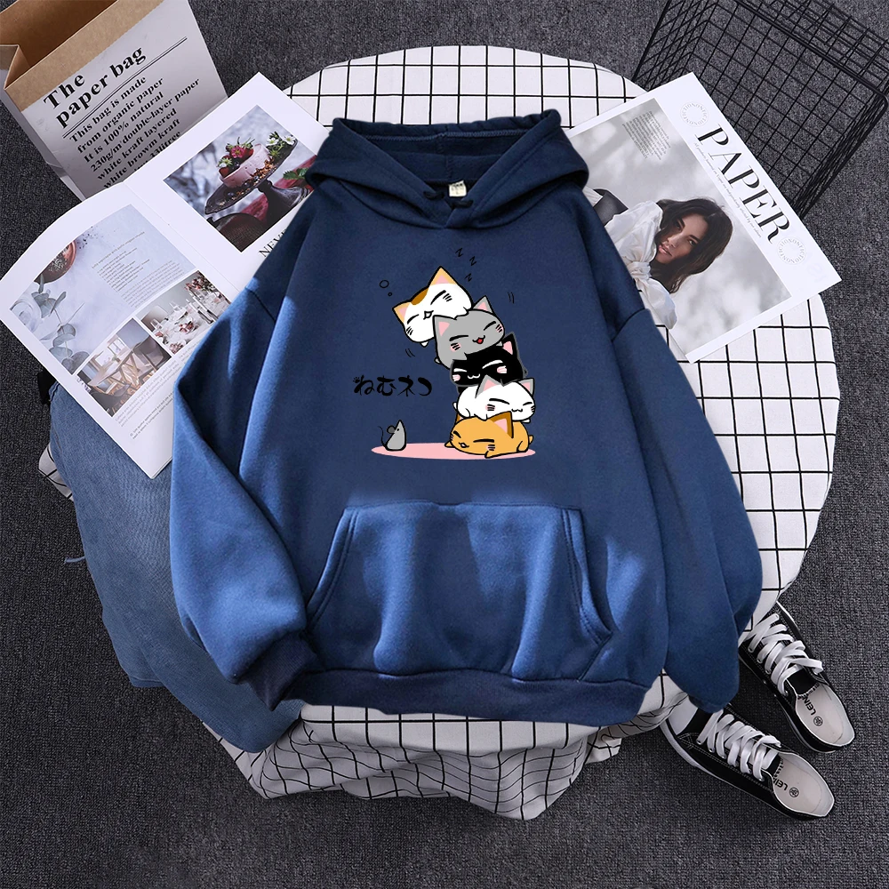 Cute Stacked Cats Sleeping Don'T See The Mouse Women Hoodies Fashion Loose Pullover Casual Fleece Hoody Trend Soft Female Sweat