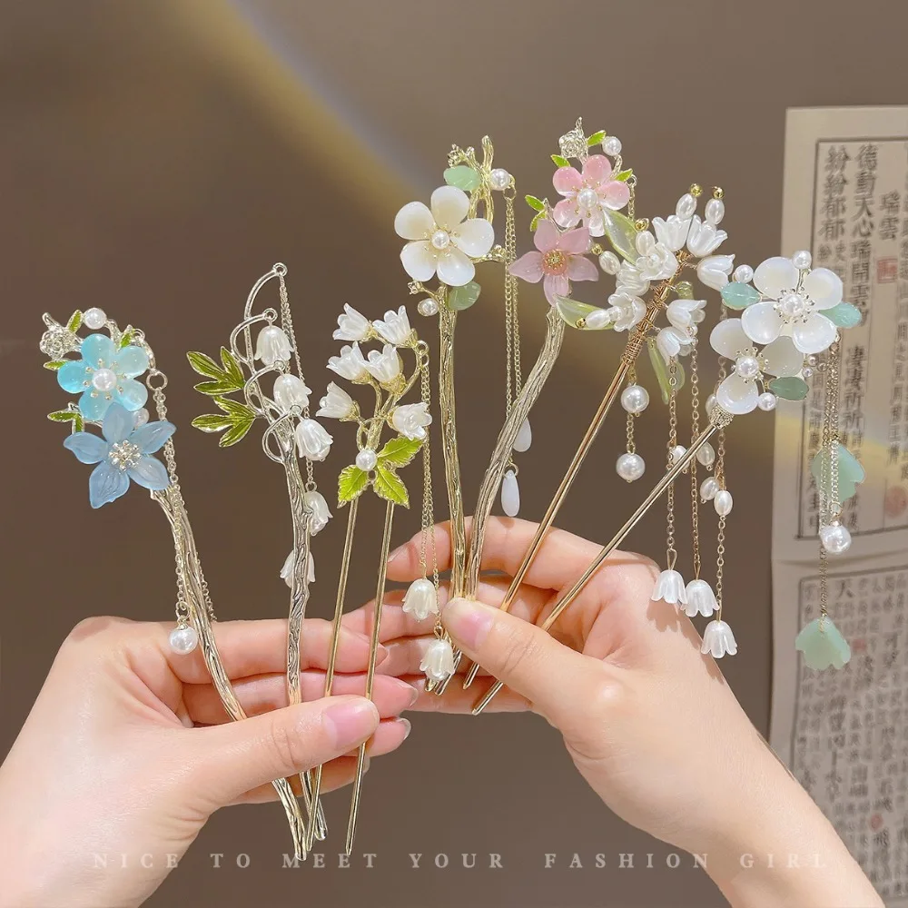 1pc Chinese Ancient Style Hair Accessories Flower Lily of the valley Tassel Hairpins Costume Hanfu Hair Stick for Women Men Gift jewelry accessories hair accessory hair headdress hair stick pearl hairpins