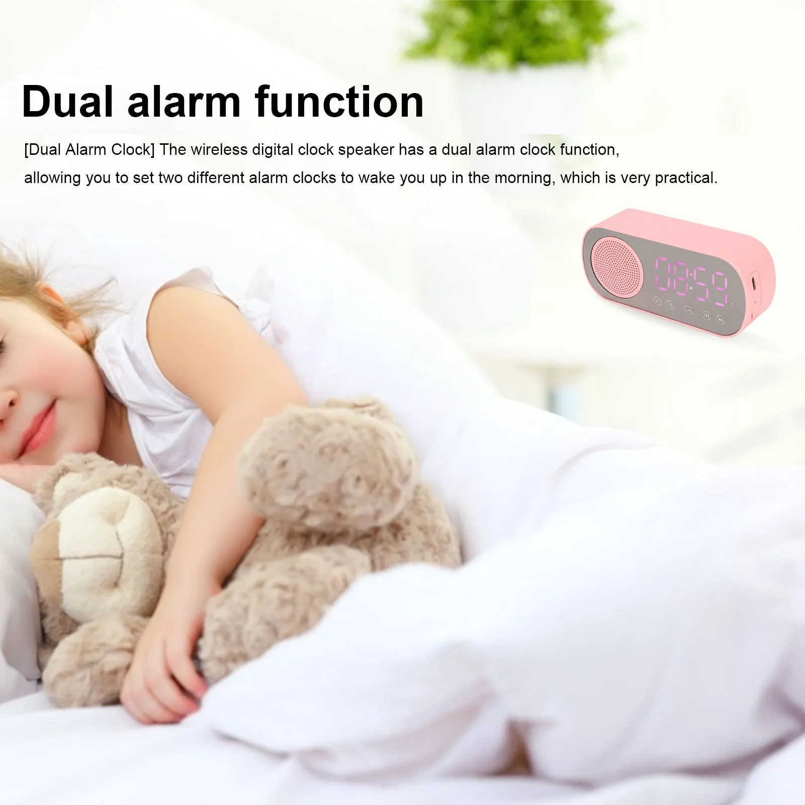알람 시계 블루투스 스피커 FM 라디오 미러 시계 HIFI USB 충전 LED 디스플레이 휴대용 핑크 1600mAh 여행용