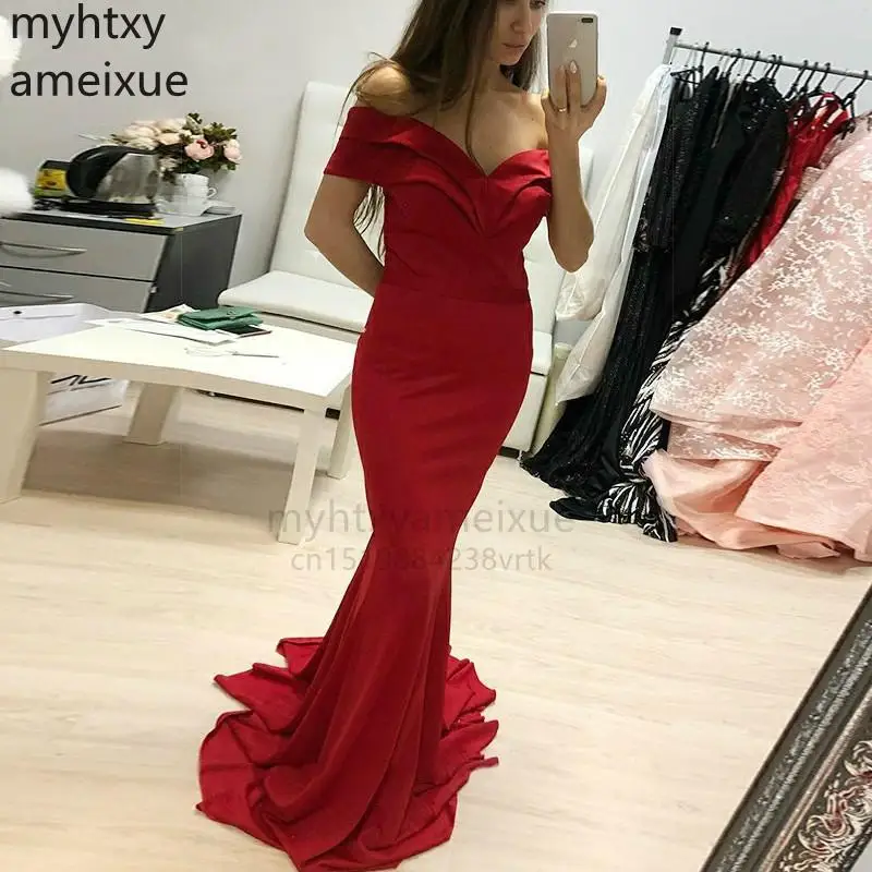 

Long Sexy New Prom Dress Mermaid Off The Shouder Simple Satin Gown Sweep Train Women Formal Evening Dress Elegant