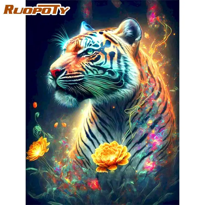 

RUOPOTY Diy Frame Painting By Numbers Tiger Picture 40x50cm Modern Animals Paint With Numbers Handpainted For Unique Gift