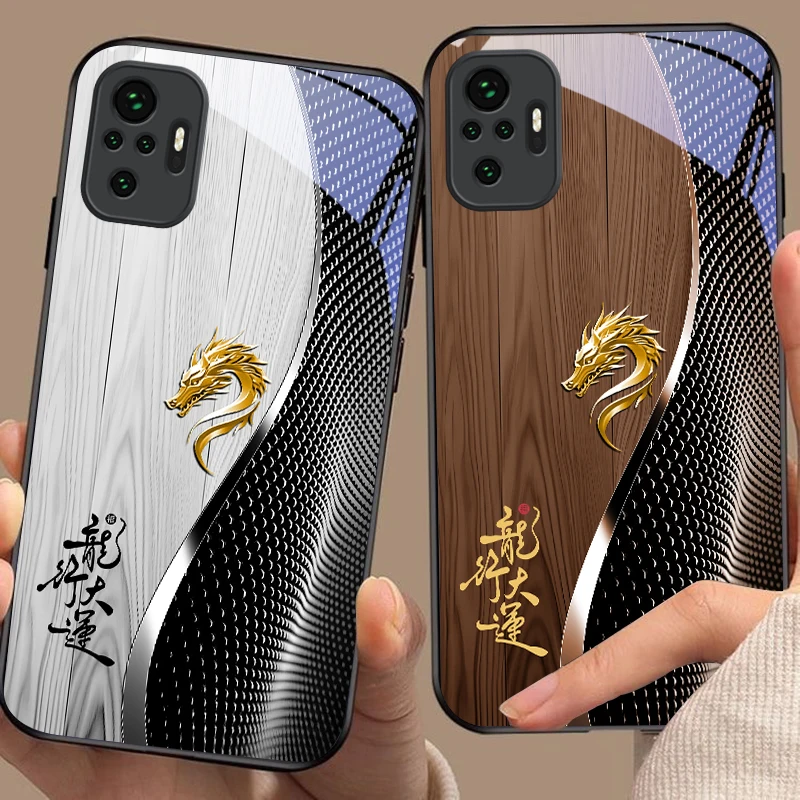 Elegant Black Tempered Glass Phone Case with Traditional Dragon Totem Design