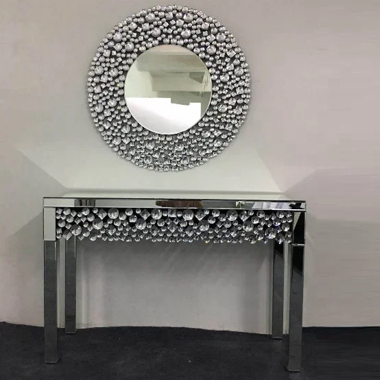

Modern Mirrored Console Venetian silver Glass Console Table with wall mirror