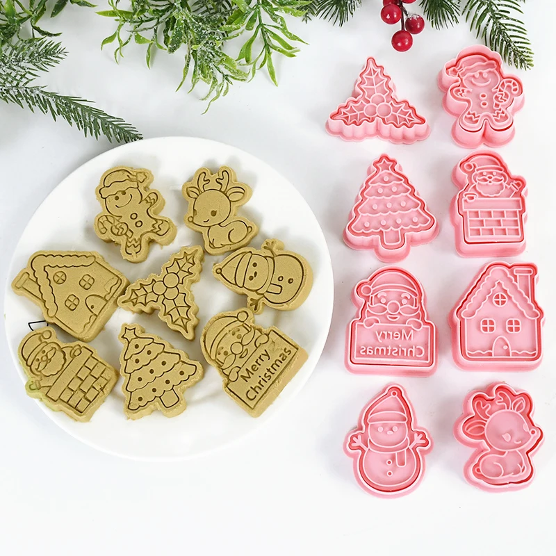 

8Pcs Christmas Cookie Mold Plastic Snowflake Santa Fontant Embossing Mold Christmas Decoration Xmas Party Baking Snack Tools