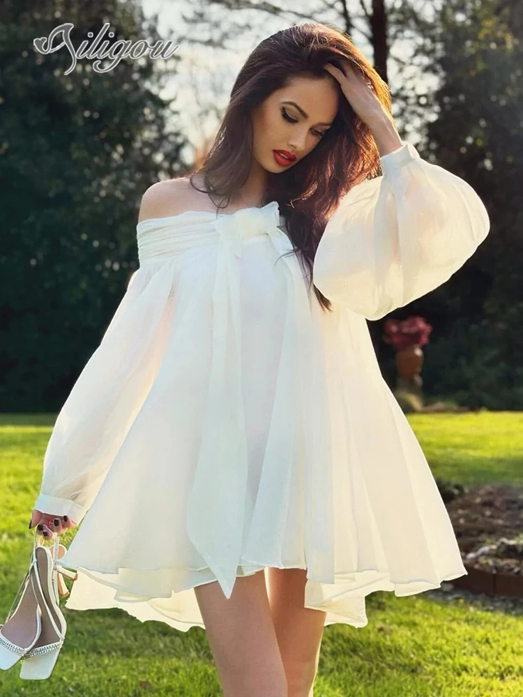 

Ailigou 2024 Summer New Women's White Sexy Off Shoulder Long Sleeve Bow Loose Mini Dress Beach Vacation Elegant Party Dress