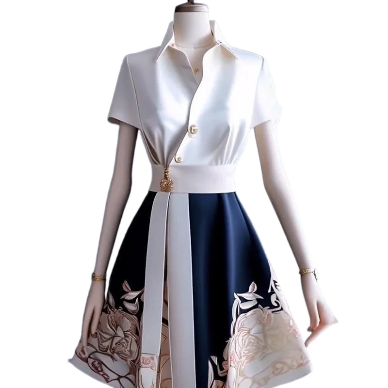 

Chinese Traditional Clothes Women's High-end Shirt Printed A-line Skirt Set for Summer Traditional Chinese Clothing