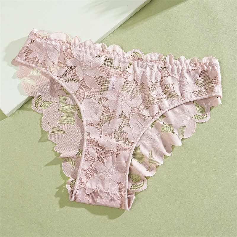 2Pcs Women's Satin Floral Lace Underwear Sexy Hollow Out Panties Solid Low-Waist Perspective Briefs Girls Soft Lingerie