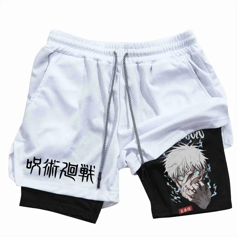 애니메이션 Jujutsu Kaisen 남성용 2-in-1 압축 반바지, 포켓이 있는 운동용 속건성 퍼포먼스 반바지, 체육관 운동 피트니스